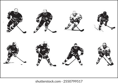 Eishockey-Silhouetten, Eissport, Spieler, Hockey-Vektorkunst, Sport-Silhouetten, Hockey-Design, Eisbündel, Clipart, Vektorgrafiken, Skating-Silhouetten