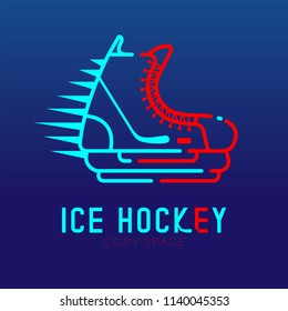 Ice hockey skate speed logo icon outline stroke set dash line design illustration isolated on dark blue background with ice hockey text and copy space