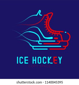 Ice hockey skate speed logo icon outline stroke set dash line design illustration isolated on dark blue background with ice hockey text and copy space