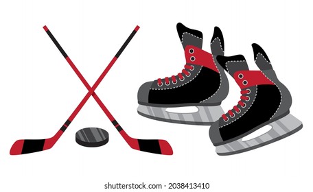 Ice hockey skaters, sticks and a washer flat design on white background isolated icons. Sport hockey equipment vector illustration.