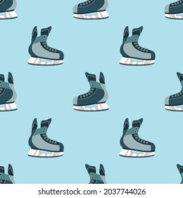 Ice hockey skates flat design on blue background seamless pattern. Sport boots vector illustration.