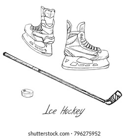 Ice hockey skates  stick   puck  hand drawn doodle sketch and inscription  isolated vector outline illustration 