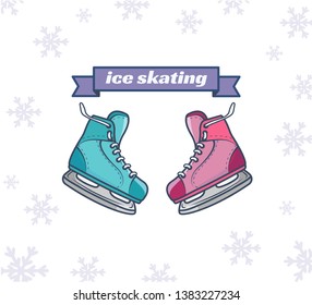 Ice hockey skates with text "ice skating". Flat cartoon style vector illustration on white background.