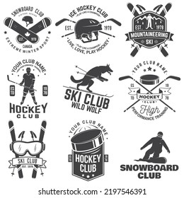 Ice Hockey, Ski and Snowboard Club emblem. Vector. Concept for shirt, print, stamp, badge. Vintage typography design with ice hockey player, snowboarder and skier silhouette. Winter sport.