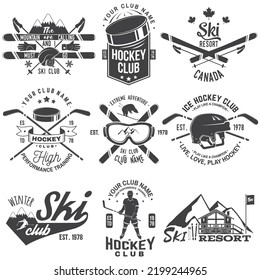 Ice Hockey, Ski and Snowboard Club emblem. Vector. Concept for shirt, print, stamp, badge. Vintage typography design with ice hockey player, snowboarder and skier silhouette. Winter sport.