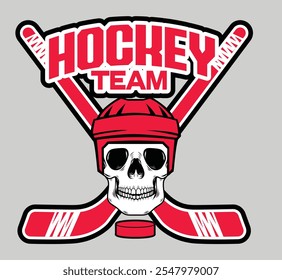 Eishockey Skull Vektor Logo, Eishockey Emblem mit gekreuzten Eishockey-Stöcke, Vektorgrafik.