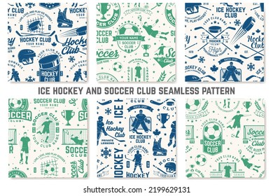 Hockey sobre hielo y fútbol, club de fútbol sin fisuras. Vector. Para los antecedentes de los clubes de fútbol con hockey sobre hielo, fútbol, jugador de fútbol, portero y siluetas de puertas. Concepto de patrón deportivo de fútbol