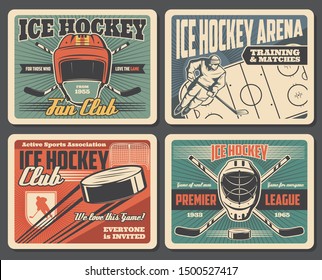 Ice hockey sport association and training equipment, retro style. Vector puck flying to gates on arena, player in helmet with stick. Goalkeeper protective helmet and crossed sticks