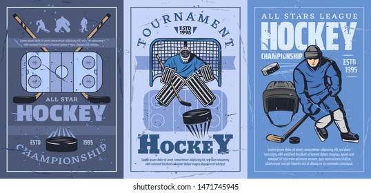 Ice hockey sport championship vector design. Hockey rink, sticks and pucks, team player and goalie with gate, skates, helmet and uniform pads, mask and gloves. Winter game sporting competition posters