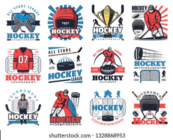 Ice hockey sport club or championship game icons. Vector symbols of ice hockey tournament cup, equipment and players with puck and hockey stick, goalkeeper to defenseman at gates and referee whistle