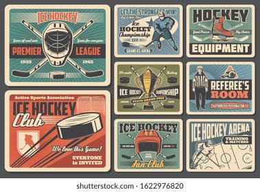 Ice hockey sport equipment, player and referee retro cards. Vector goalkeeper player, helmet, crossed sticks and puck, golden trophy cup and arena. Championship tournament, winter sport, hockey items