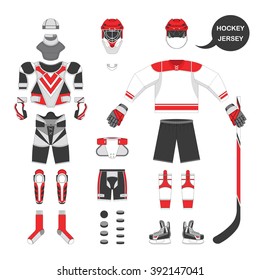 Ice hockey sport equipment set. Vector ice hockey equipment in flat style. Isolated ice hockey equipment on white background. Ice hockey equipment template.