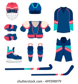 Ice hockey sport equipment set in flat style. Vector hockey season equipment template on white background.