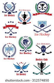 Ice Hockey sport game emblems with crossed sticks in a variety of designs, with wreaths, helmet, net, banner, trophy, mask and wings