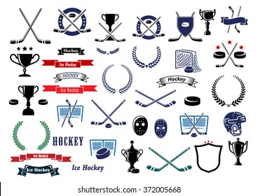 Ice hockey sport game icons, design elements and items with crossed sticks, pucks, gates, goalie masks and protective helmets, sport trophy, ribbon banners, stars and laurel wreaths
