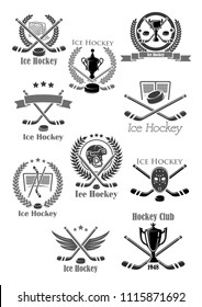 Ice hockey sport game isolated icon set. Hockey puck and stick, champion trophy cup, goalie mask, player helmet and gate, framed by heraldic wreath with ribbon banner and star for sporting club design