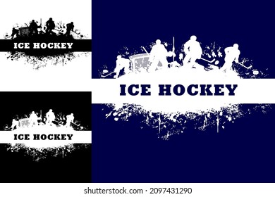 Ice hockey sport grunge posters with hockey players. Ice hockey championship, tournament or competition match grunge vector background or backdrop with forward, goalie players and paint splatters