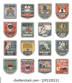 Ice hockey sport icons with players in uniform and sporting items. Isolated vector ice rink and puck, stick and trophy cup, whistle and helmet, gate and referee. Team game on skates club or school