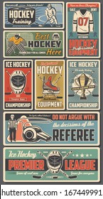 Ice hockey sport players with sticks, pucks, skates and championship trophy cup on rink vector design. Sport team uniform jersey, hockey arena and referee whistle, goalie helmet, mask and goal gate