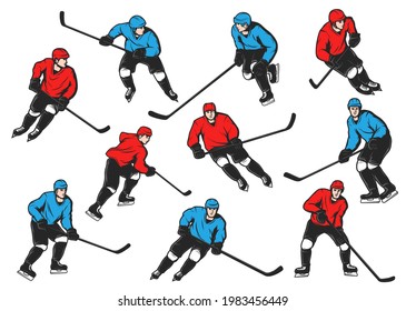 Ice hockey sport players with sticks, pucks, skates. Isolated vector ice hockey team players on rink, forwards and defensemen in red and blue uniform, helmets, jersey and gloves, shorts and leg pads