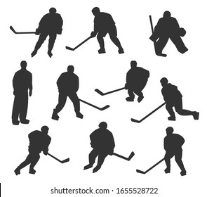 Ice hockey sport players vector silhouettes. Playing to ice hockey goalkeeper, forward, winger and defender players, referee with puck and stick in motion isolated on white background