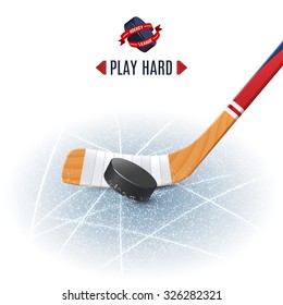 Ice hockey sport poster with wooden stick and puck realistic vector illustration