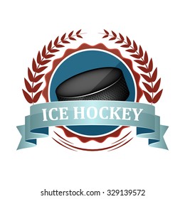 Ice hockey sport vector icon or label with blue ribbon, laurel wreath and puck.
