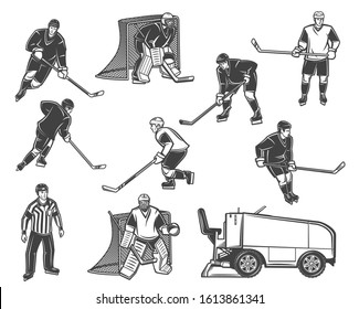 Ice hockey sport vector objects. Players and referee with pucks, sticks and skates, goalies, gates and uniform helmets, mask, goaltender gloves, leg and shoulder pads, ice rink machine