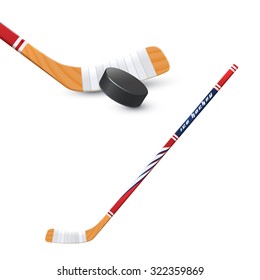 Ice hockey sport wooden stick and puck realistic vector illustration