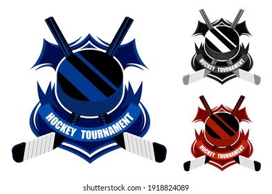 ice hockey sporting emblems. Sport black rubber puck and crossed sticks for ice hockey on background of stylized shield. Tournament symbol. Easy to edit color. Vector