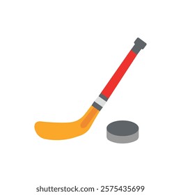 Ice hockey stick and puck icon. Hockey puck stick isolated, sport ice icon, game equipment, goal or competition, leisure and activity. Vector illustration. 