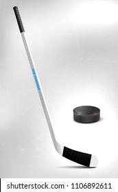 Ice hockey stick and puck on scratchy ice - copy space for your text. Vector illustration.
