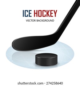 Ice hockey stick and puck on rink. Vector EPS10 background. 