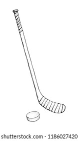 Ice Hockey stick with puck. Sports Vector illustration isolated on white background. Doodle Ice hockey sports equipment. Hand drawn stick in sketch style..