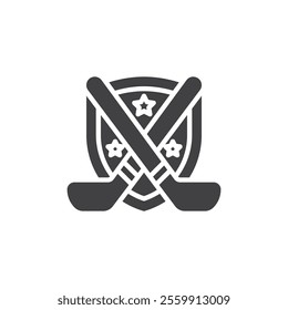 Ice hockey stick and shield vector icon. filled flat sign for mobile concept and web design. Ice Hockey League glyph icon. Symbol, logo illustration. Vector graphics