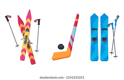 Ice Hockey Stick and Ski with Pole Vector Set