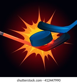 Ice hockey sticks fighting for puck. Sport match struggle vector illustration. Two teams or players tackle. Blocked or flip shot image. Face-off and stickhandling background