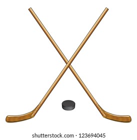 Ice Hockey Sticks and Puck is an illustration of two crossed ice hockey sticks and a hockey puck. Great for logos and t-shirts.