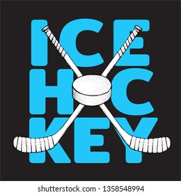 Ice Hockey sticks with puck. Sports illustration on black background. Ice hockey sports equipment. Hand drawn stick in sketch style. Vector for poster, t-shirt, textile