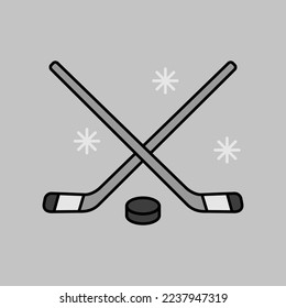 Ice Hockey Sticks and Puck vector isolated grayscale icon. Winter sign. Graph symbol for travel and tourism web site and apps design, logo, app, UI