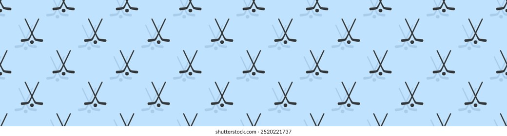 Ice hockey sticks seamless pattern with simple sport symbols. Hockey vector print. Winter sporting repeated wallpaper for activity designs, competition backgrounds. 3d gaming symbols with shadows.