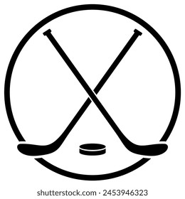 Ice hockey symbol, emblem, insignia, or logo design. Hockey sticks, puck, and goal isolated on a white backdrop. Vector illustration.