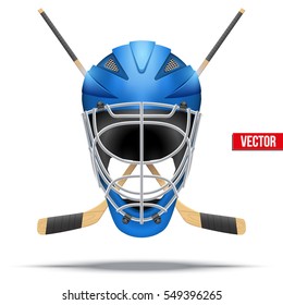 Ice hockey symbol with goalie helmet and sticks. Design elements. Illustration isolated on white background.