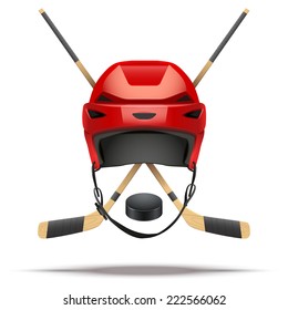 Ice hockey symbol with helmet and puck and sticks. Design elements. Illustration isolated on white background. 