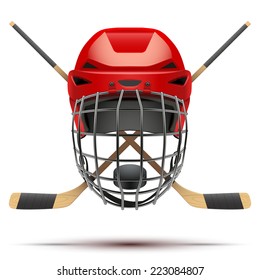 Ice hockey symbol with helmet and puck and sticks. Design elements. Illustration isolated on white background.