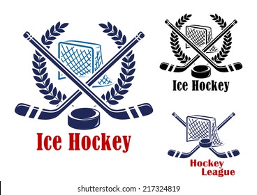 Ice hockey symbol with hockey net, laurel wreath, puck and sticks suitable for sporting emblem design