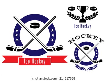 Ice hockey symbols or logos set with puck, banner, sticks, laurel wreath, trophy prize cup and text Ice Hockey. May use for sport and recreation or logo design     