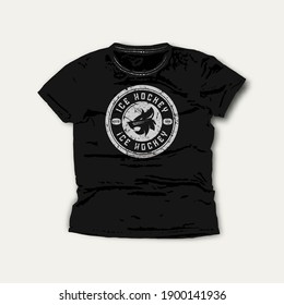 Ice hockey team emblem. Graphic design for t-shirt. Gray print on black wear