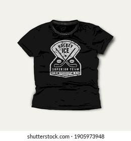 Ice hockey team emblem. Graphic design for t-shirt. Gray print on black wear