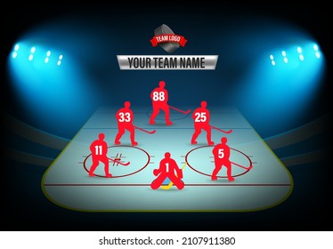 Ice hockey team formation template. Illuminated stadium with players with numbers